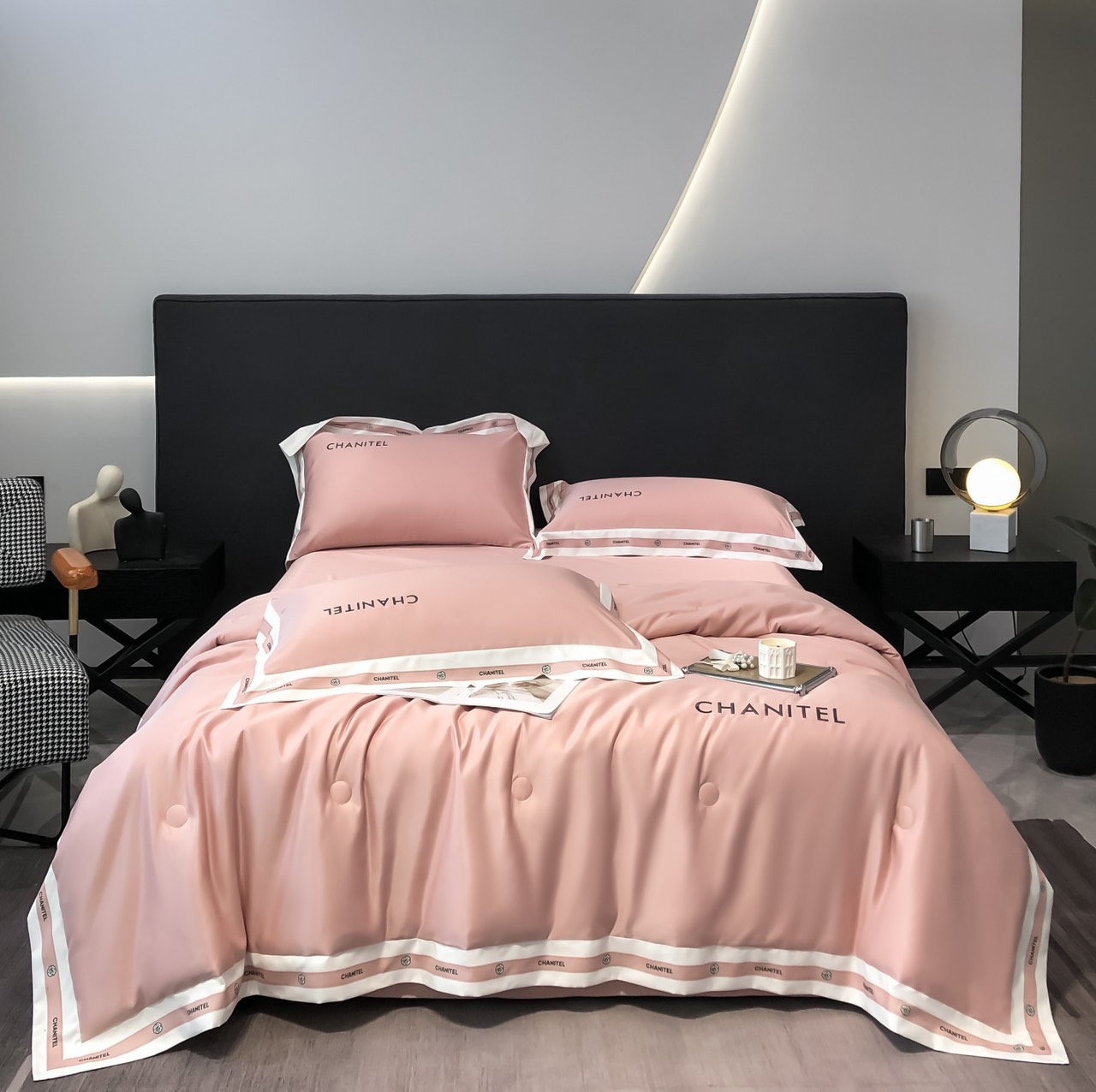 ❤giá cực rẻ ) bộ chăn ga lụa satin chanitel phối viền chăn chần hè set 4 món nhập khẩu
