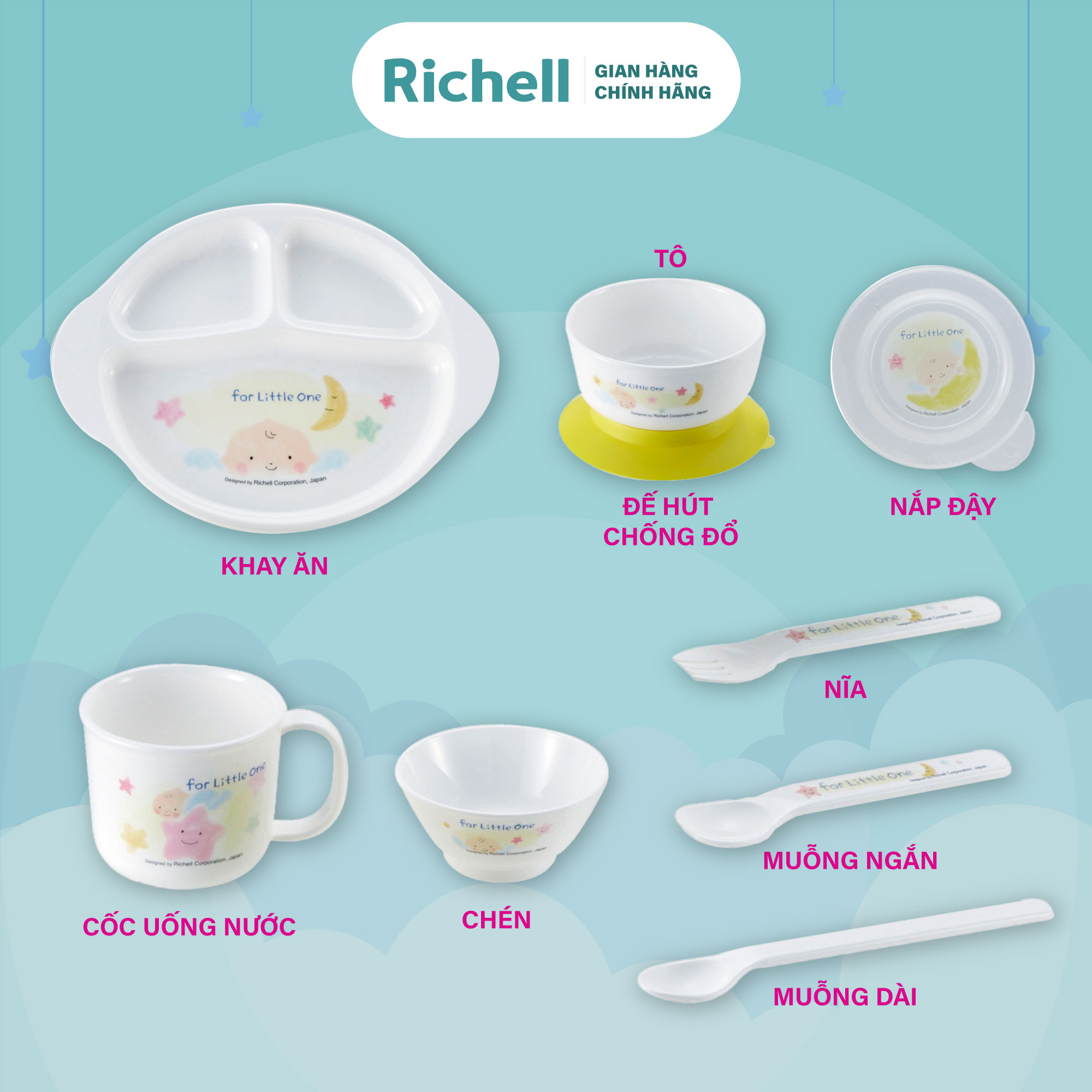Bộ ăn dặm 9 món RICHELL có 2 đế hít chống đổ | Baby