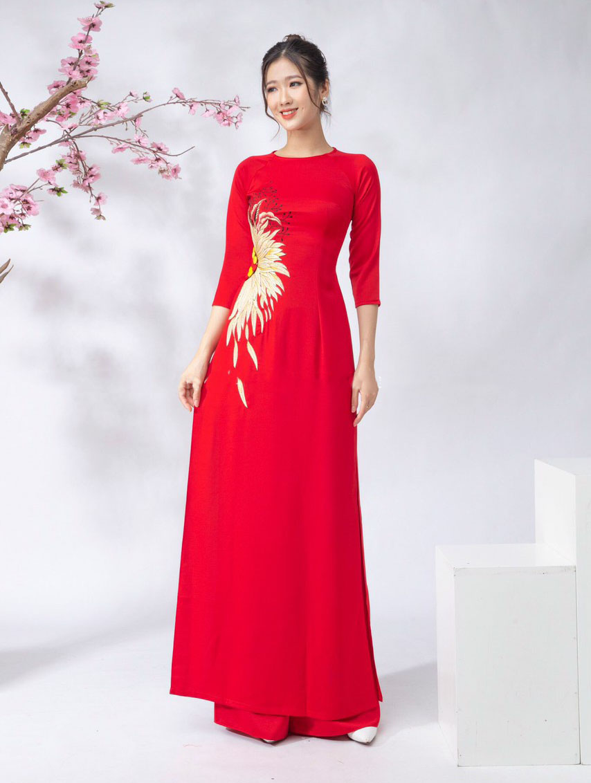 ÁO DÀI LỤA TÂY THI THÊU KẾT HỢP ĐÍNH HOA KÈM QUẦN, ÁO DÀI TRUYỀN THỐNG