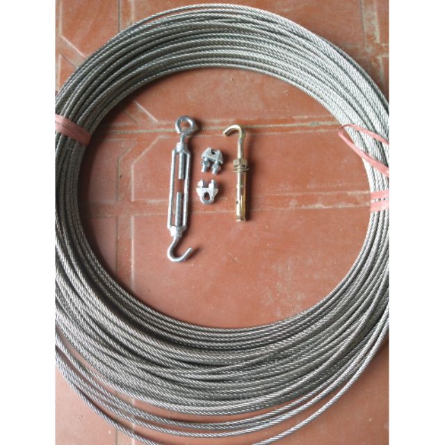 Dây cáp lụa 4 ly bằng inox 304. kèm 2 khoá đầu dây, 1c nở sắt móc phi 8, 1 tăng dây.