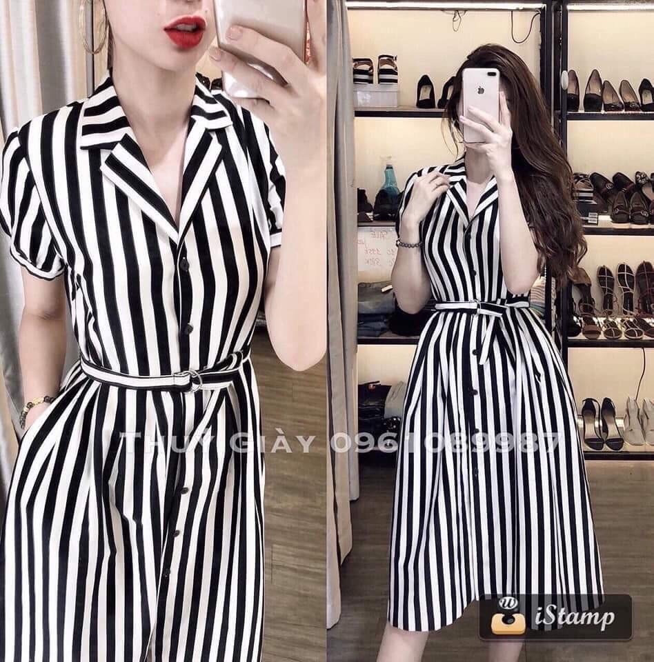 Đầm nữ poly sọc cổ vest phối dây eo