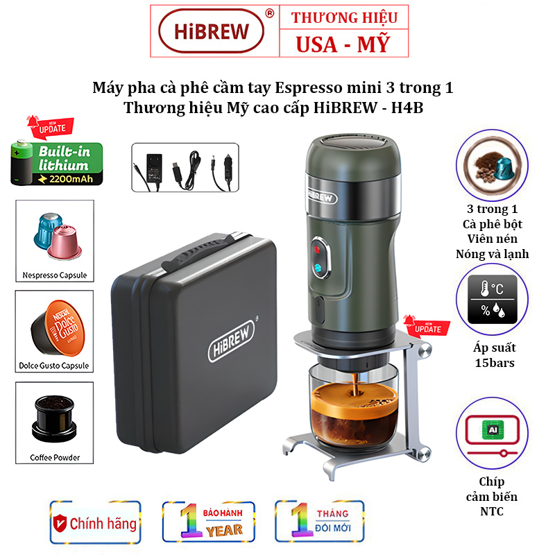 Hibrew h4a and H4B us-brand 3-in-1 espresso mini coffee maker (Traveller set) 80W capacity 15bars-12 months warranty
