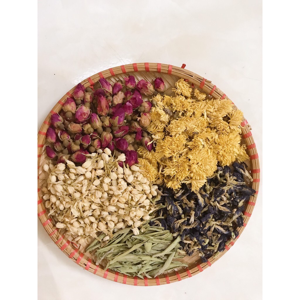 Set Trà Tứ Hoa (Hoàng cúc - Nụ hồng - Đậu biếc - Nụ Nhài) - Trà Hoa Natural Thảo Mộc