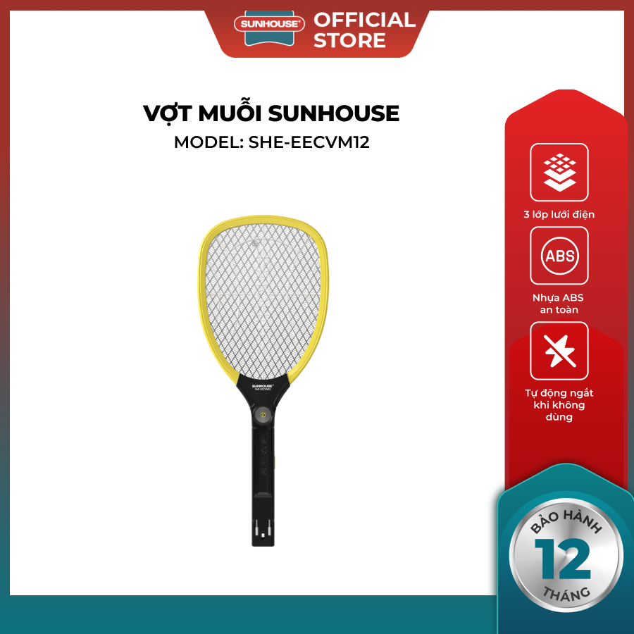 Sunhouse Mosquito Racket She-Eecvm12 - 3-Layer Electric Net - Effective Mosquito Killer - Genuine Sunhouse Product