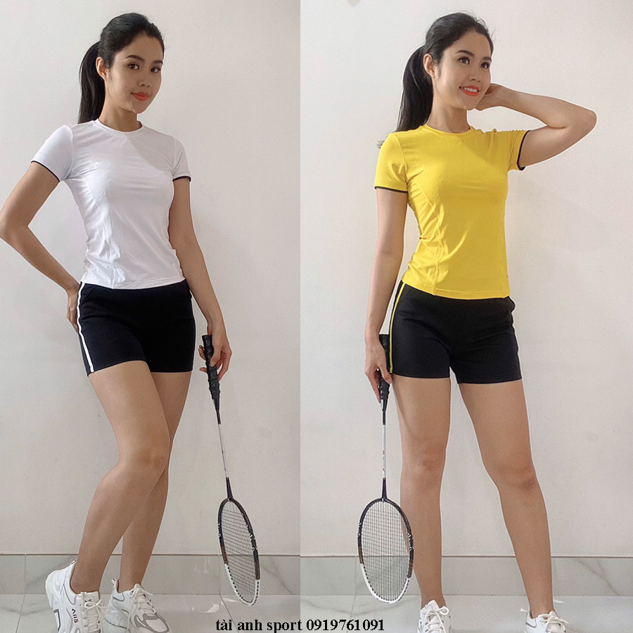 [HCM]Bộ đồ tập gym aerobic cầu lông nữ ngắn gồm quần đùi sọc kết hợp áo thun cộc tay