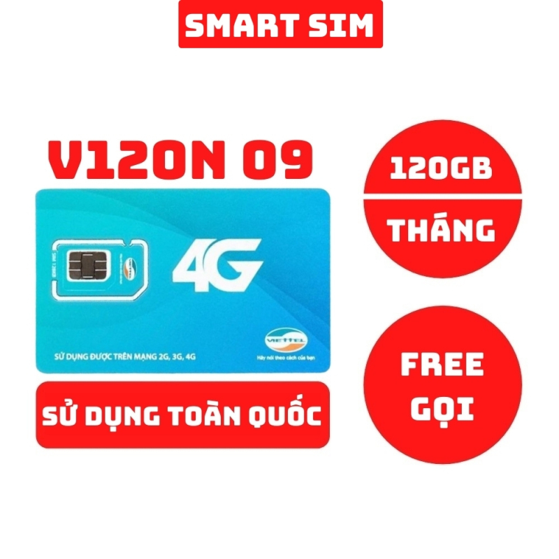 Sim 4G Viettel V120N đầu 09 tặng 120GB data mỗi tháng, miễn phí gọi nội mạng và 50 phút ngoại mạng - Smart Sim HC