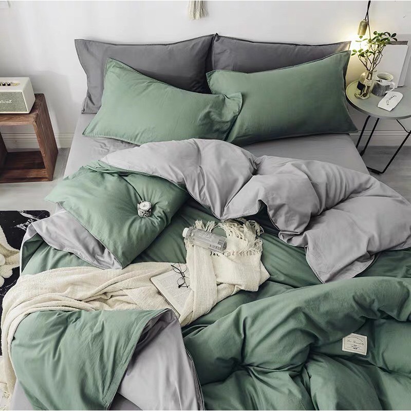 Chăn ga gối đệm EmmiBedding Cotton TC XANH OLIU PHỐI GHI, set 4 món gồm 1 vỏ chăn, 1 ga bọc chun theo yêu cầu, 2 vỏ gối nằm, bộ chăn ga gối cao cấp chất liệu mềm mịn, thoáng mát, phối màu phong cách Hàn Quốc