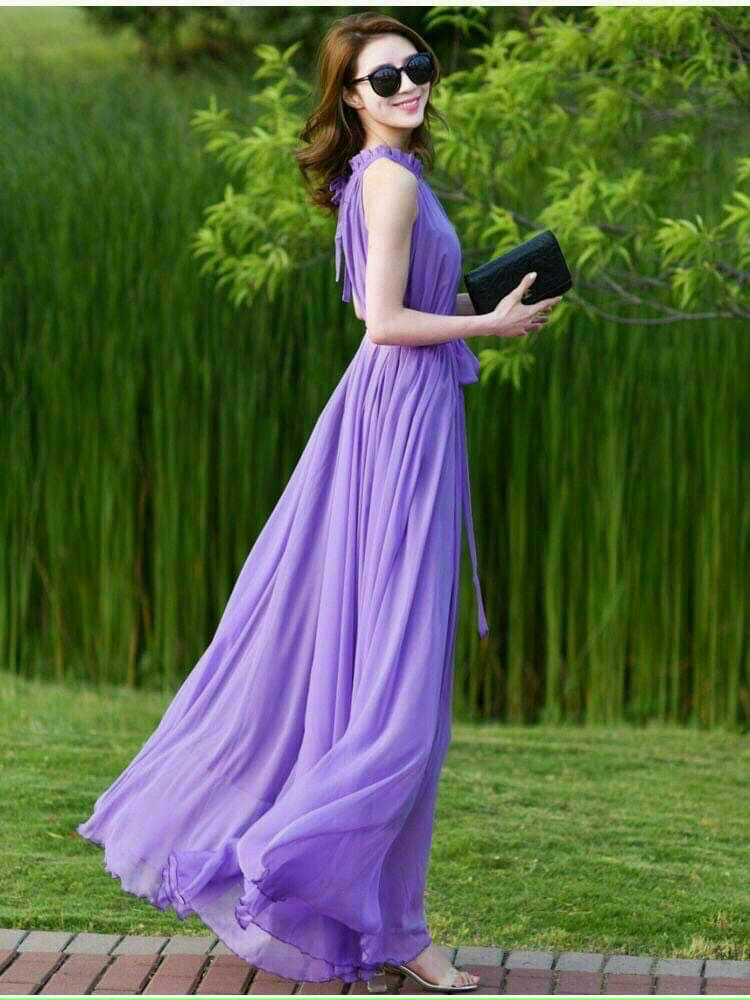 ĐẦM MAXI DÀI CỔ XẾP LY VOAN KÈM LÓT
