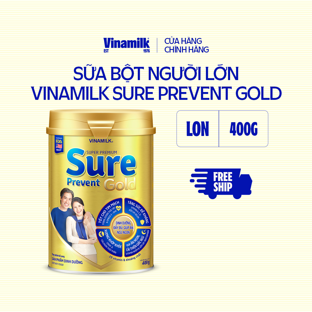 Hộp Sữa bột cho người lớn tuổi Vinamilk Sure Prevent Gold Hộp thiếc 400g - Sữa bổ sung dinh dưỡng và tăng cường sức khỏe