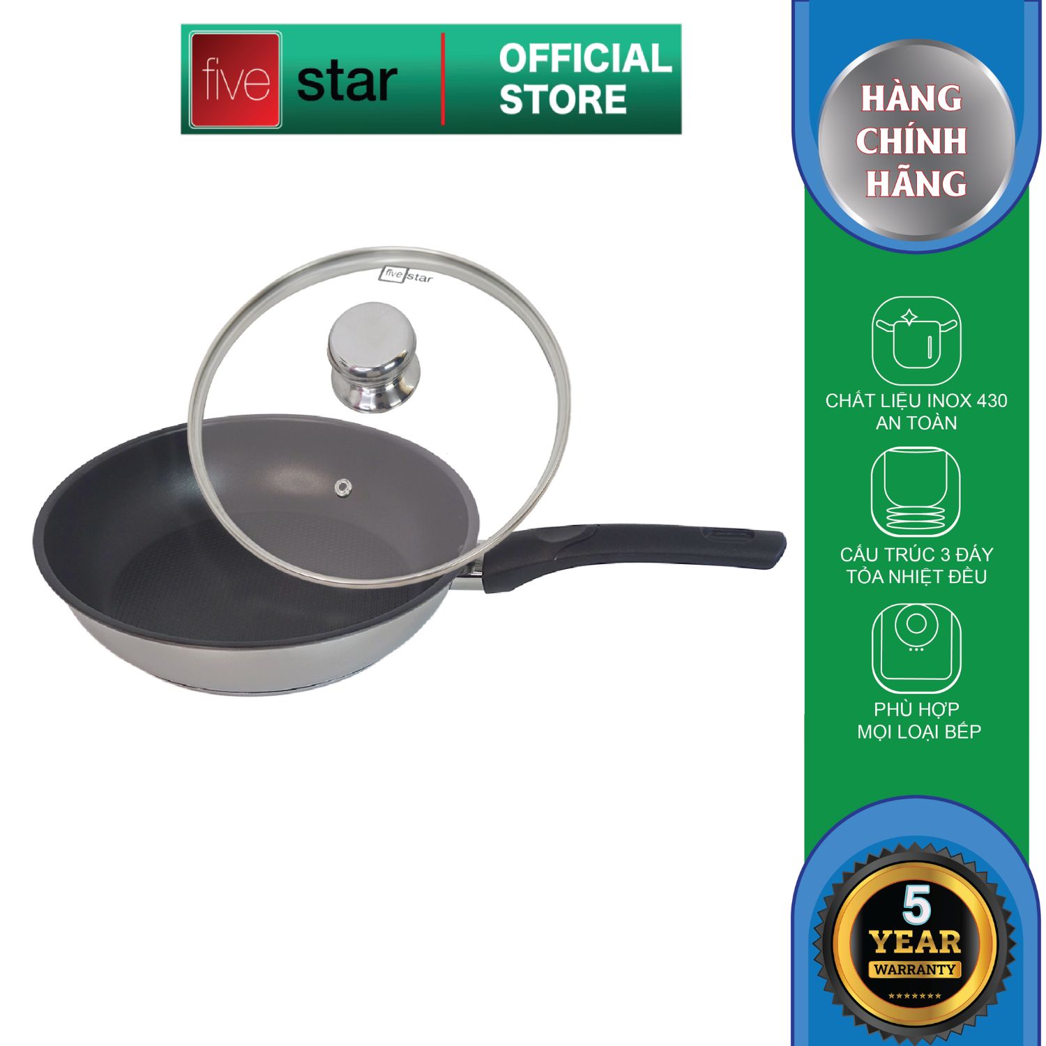 Chảo chống dính bếp từ cao cấp FiveStar Standard 3 đáy dùng được mọi bếp hàng chính hãng bảo hành 5 năm ( 16cm / 20cm / 22cm / 24cm / 26cm / 28cm / 30cm / 32cm ) - chảo bếp từ cao cấp