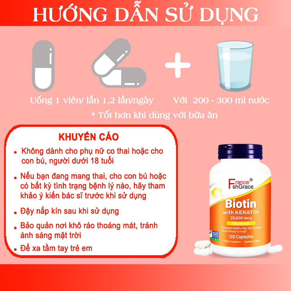 Viên uống Biotin 20.000 mcg với Keratin 100 mg làm khỏe da tóc móng 120 viên