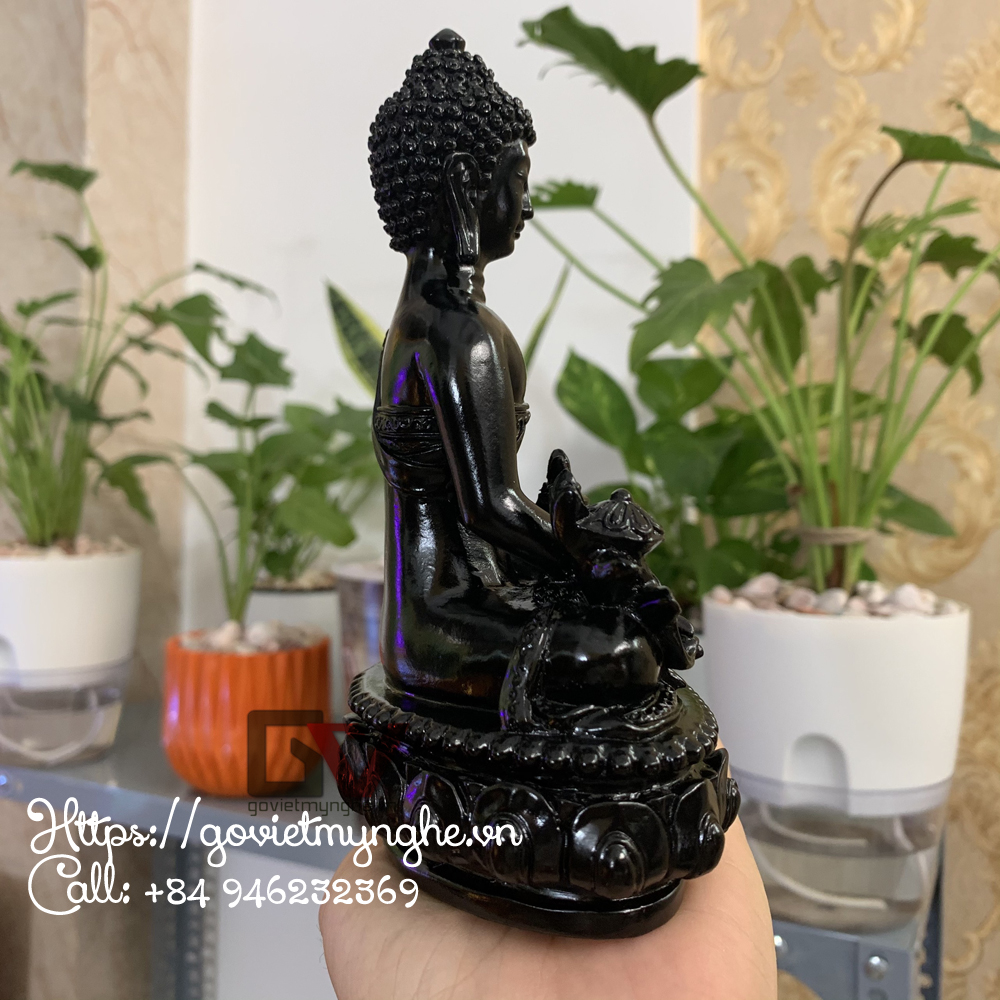 Tượng đá phật dược sư lưu ly quang ngồi tòa sen - cao 16cm - màu đen