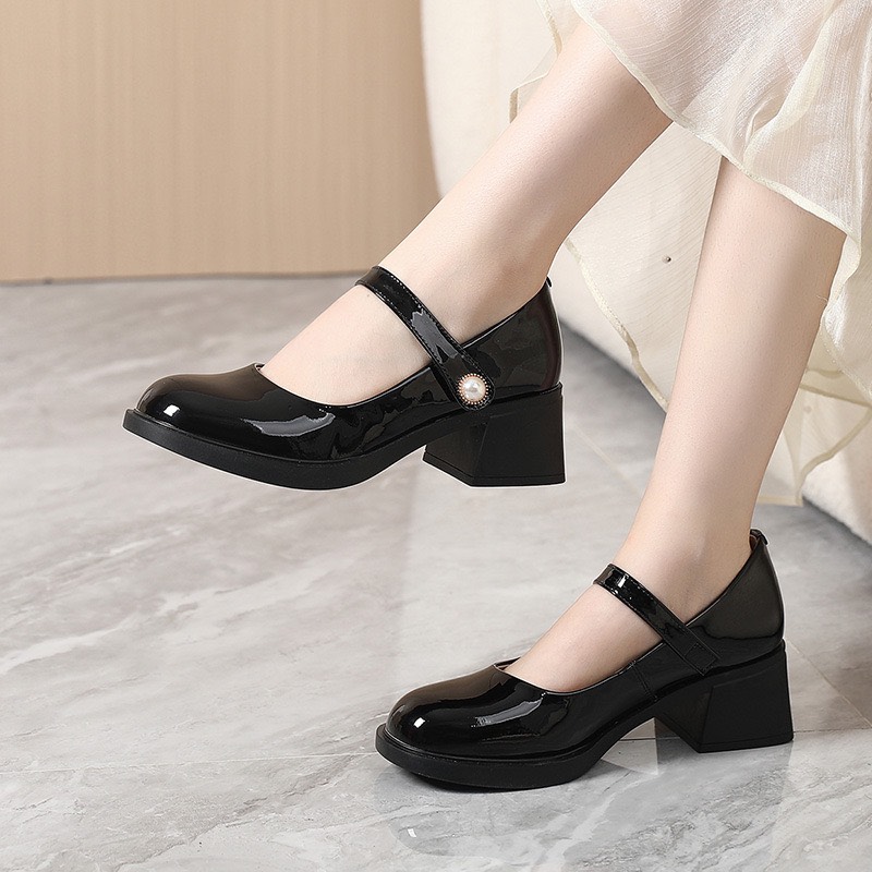 (Đặt lùi 1 size) Giày búp bê nữ đế đốc 5cm da bóng quai cài ngang đính ngọc sang chảnh