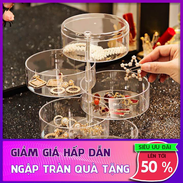 Hộp đựng trang sức 4 tầng xoay tròn, Kệ mỹ phẩm tròn xoay 360 độ siêu hot - Hộp đựng trang sức bằng nhựa trong suốt- Kệ đựng đồ thông minh