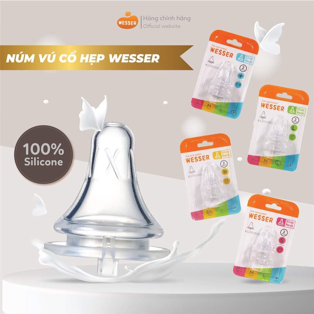 Núm vú Wesser, Núm vú cổ hẹp silicon siêu mềm cho bé Size S/M/L/+