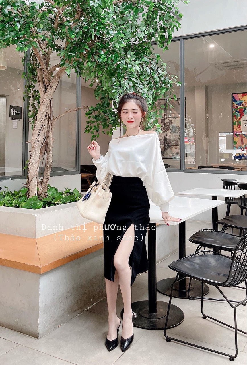 SET VÁY XẺ TÀ + ÁO LỆCH VAI TAY BỒNG
