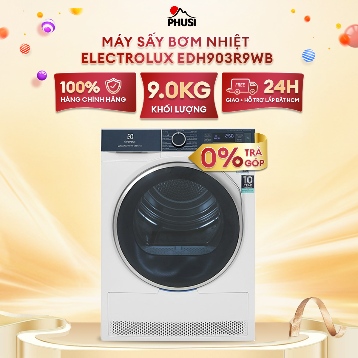 Máy sấy bơm nhiệt Electrolux 9 kg EDH903R9WB - Đèn chiếu sáng lồng sấy, Điều khiển qua ứng dụng Electrolux Life, Tuỳ chỉnh thời gian sấy và nhiệt độ sấy