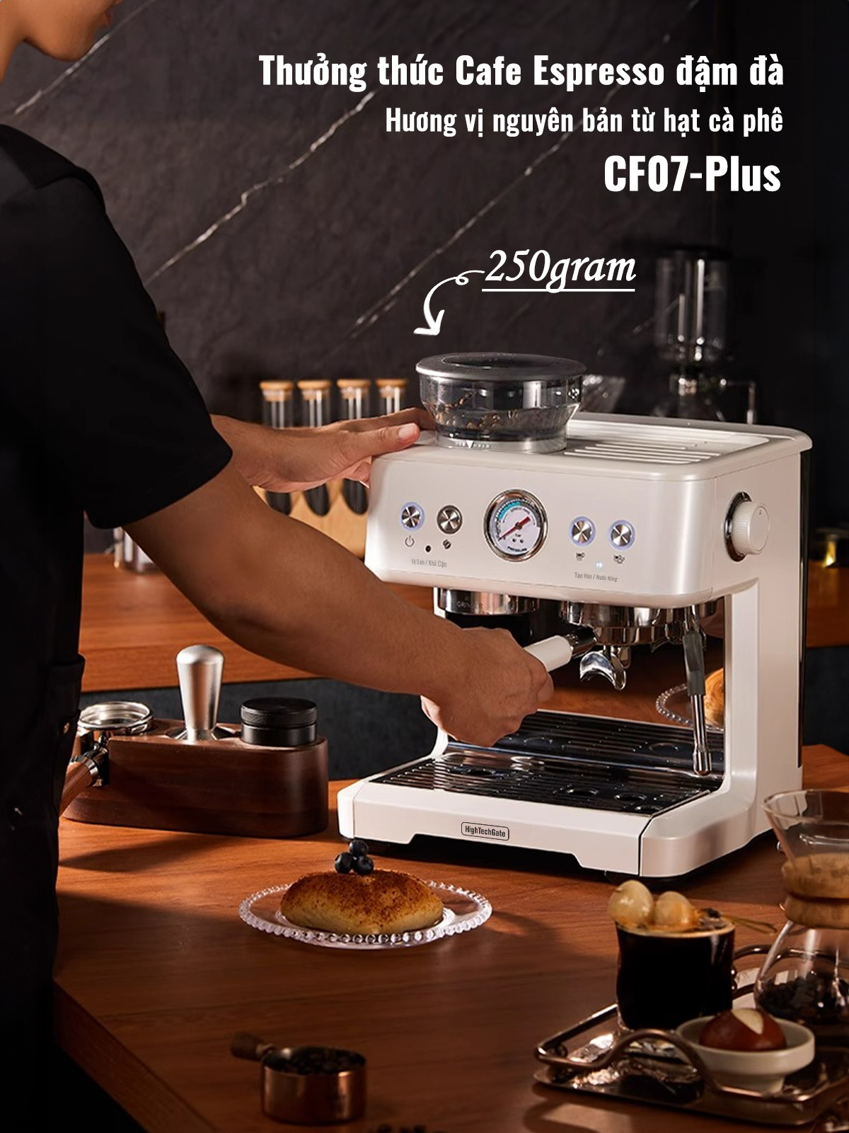 Máy pha cafe espresso CF07PLUS nâng cấp tích hợp xay 20 mức độ, với 2 boilers độc lập cùng·chế độ định lượng flow meter, họng pha inox 58mm