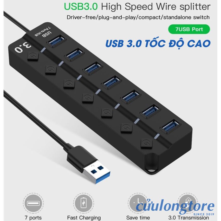 Bộ Chia Cổng USB OTG Hub USB 3.0 cổng USB mở rộng đầu chia USB 1 ra 4 và 7 dây dài cổng công tắc nguồn phụ đèn Led