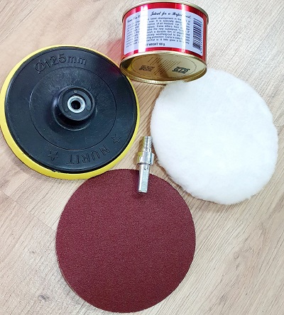 Bộ Dụng Cụ Đánh Bóng 5 Món Gồm Phớt 125mm + Bông Đánh Size 125mm + Đầu Chuyển Đổi M10 + Miếng Nhám Tròn 125 + Hộp Cà Na 100g