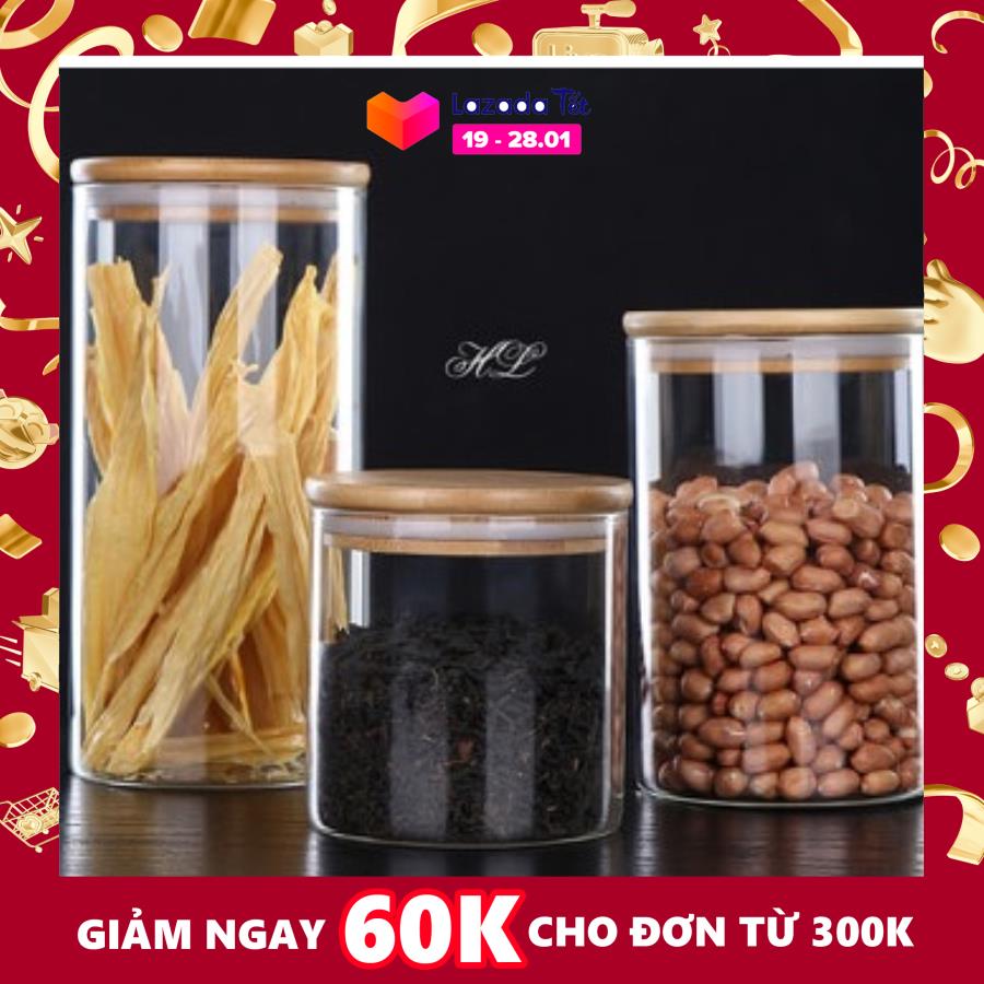 Combo 3 Lọ thủy tinh borosilicate nắp gỗ cao cấp 450ml-650ml-900ml