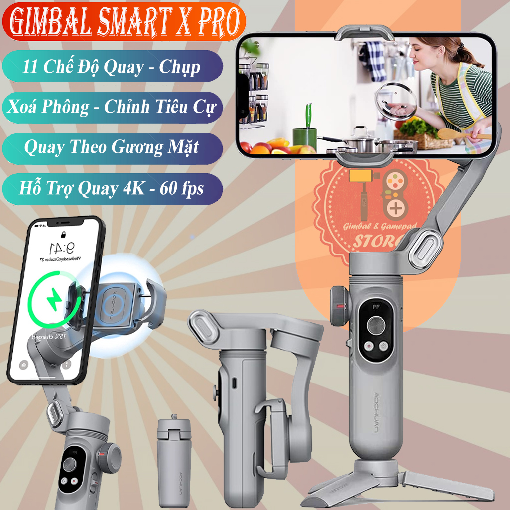 Gimbal SMART X PRO, Gậy chống rung quay phim cao cấp, thiết bị quay video cho điện thoại, tích hợp đèn Led 3 chế độ sáng và sạc nhanh không dây, xoay 360 độ hỗ trợ quay phim, chụp ảnh chuyên nghiệp