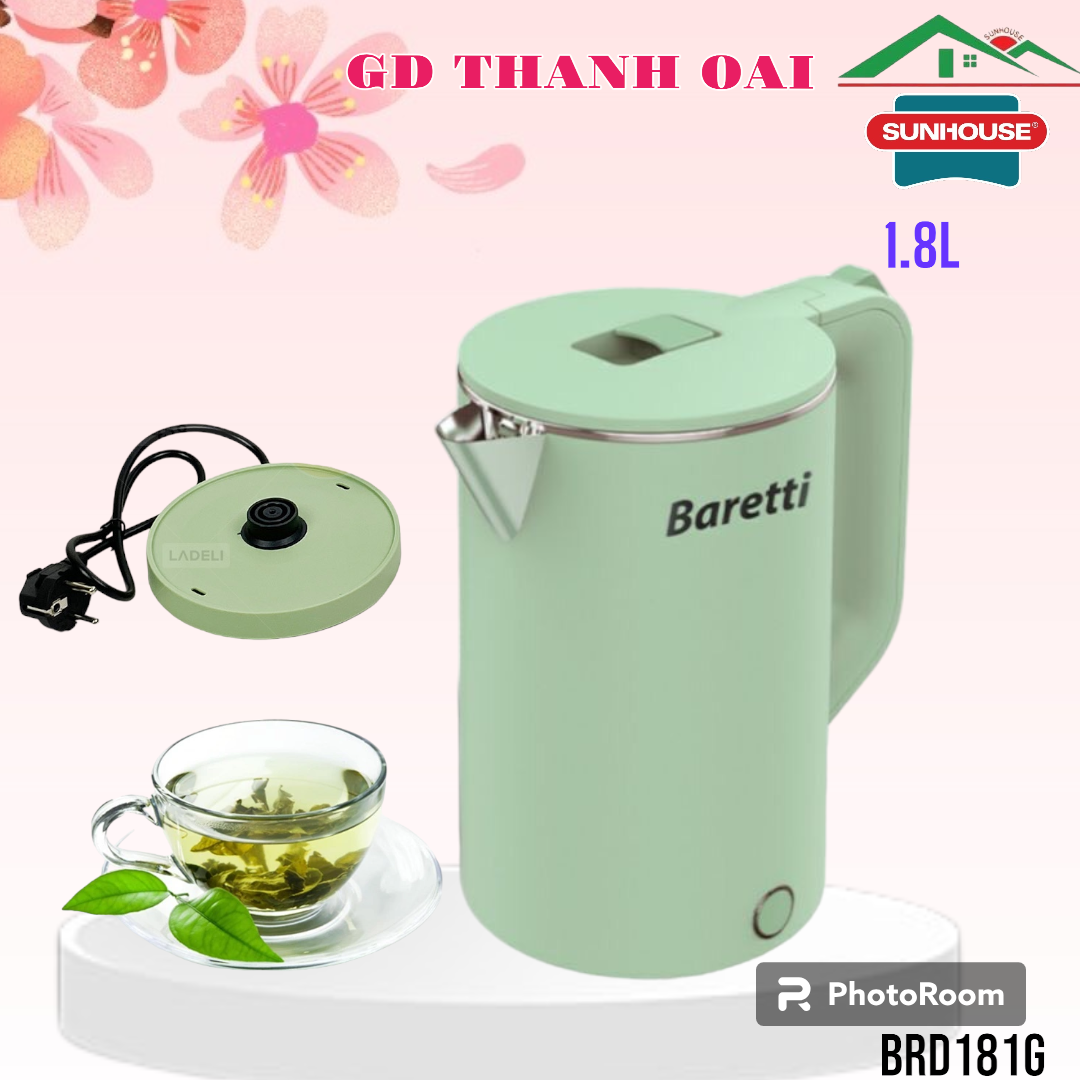 Ấm siêu tốc inox 2 lớp 1.8l baretti brd181g - hàng mới 100% công suất hoạt động cao 1500w