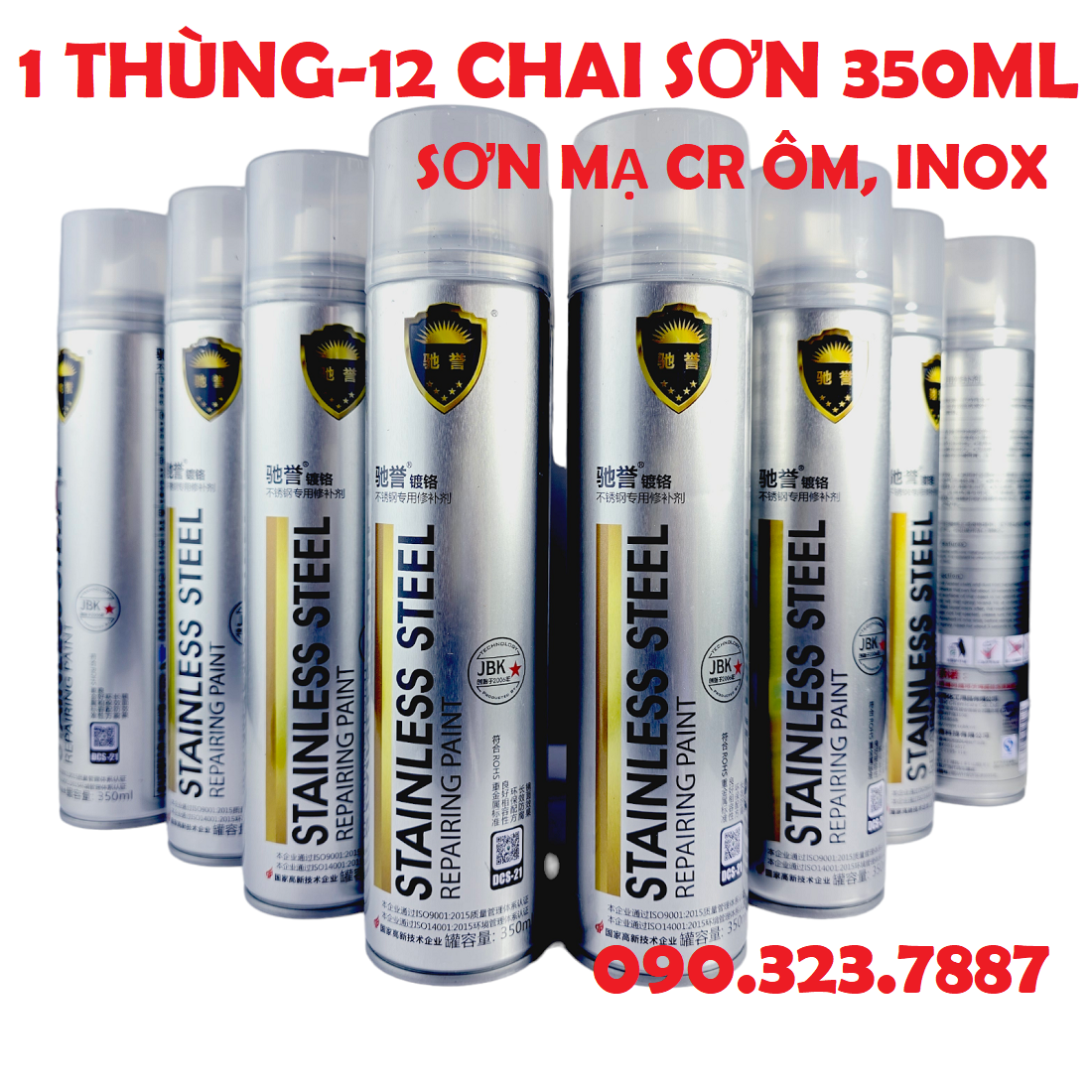 1 thùng 12 chai: sơn mạ crom sơn xịt mạ chrome, inox sáng bóng stainless steel 350ml - hàng chuẩn jbk .