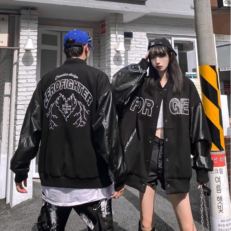 Áo khoác bomber unisex for get chất nỉ ngoại phối tay da, áo khoác bomber nam nữ phối tay da cao cấp 2023