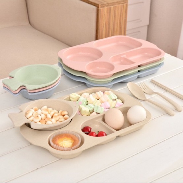 Bộ Khay ăn dặm lúa mạch hình cá, Bát ăn dặm lúa mạch 6 món,  Dĩa Chén tập ăn cho bé  ( Khay, Ly, Bát, Thìa, Nĩa, Đũa )