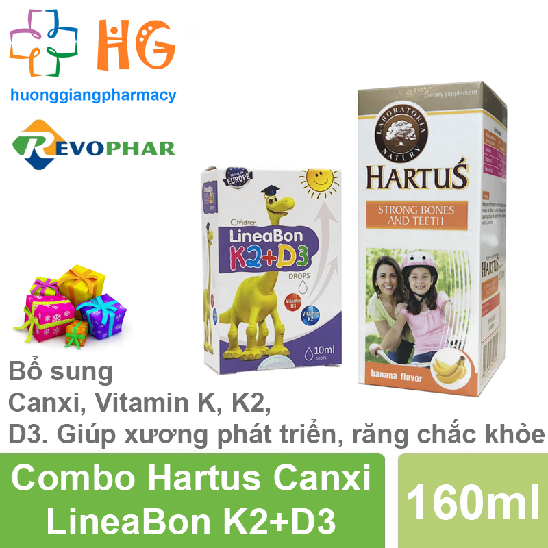 Combo LineaBone K2+D3 và Hartus Canxi - Bổ sung Canxi, Vitamin K, K2, D3. Giúp xương phát triển, răng chắc khỏe