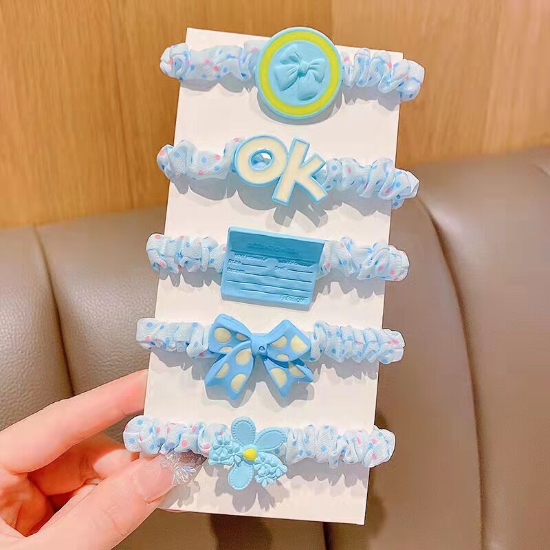 Combo 5 dây cột tóc đính charm in hoa hoạt hình nhiều màu pastel dễ thương CB09