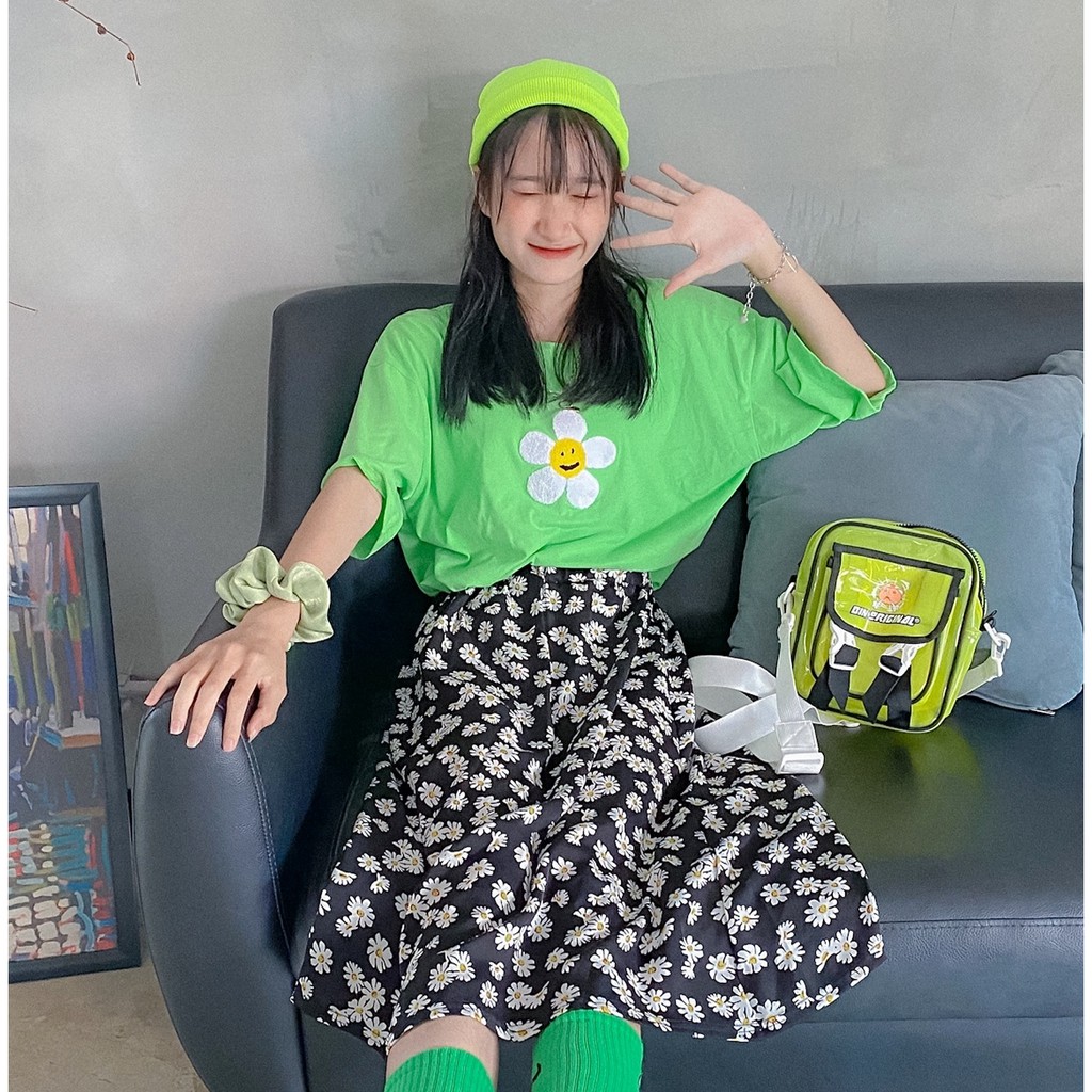 Usthebasic - áo thun hoa cúc tay lỡ daisy smile punch needle tee