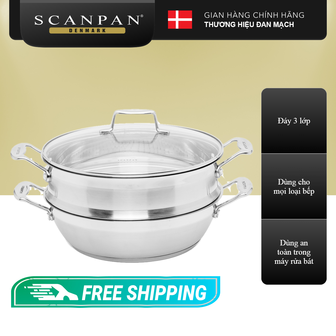 Chảo inox kèm xửng hấp cao cấp Scanpan Impact size 28cm, thiết kế 3 lớp, tay cầm chống nóng, dùng được bếp từ 71122810