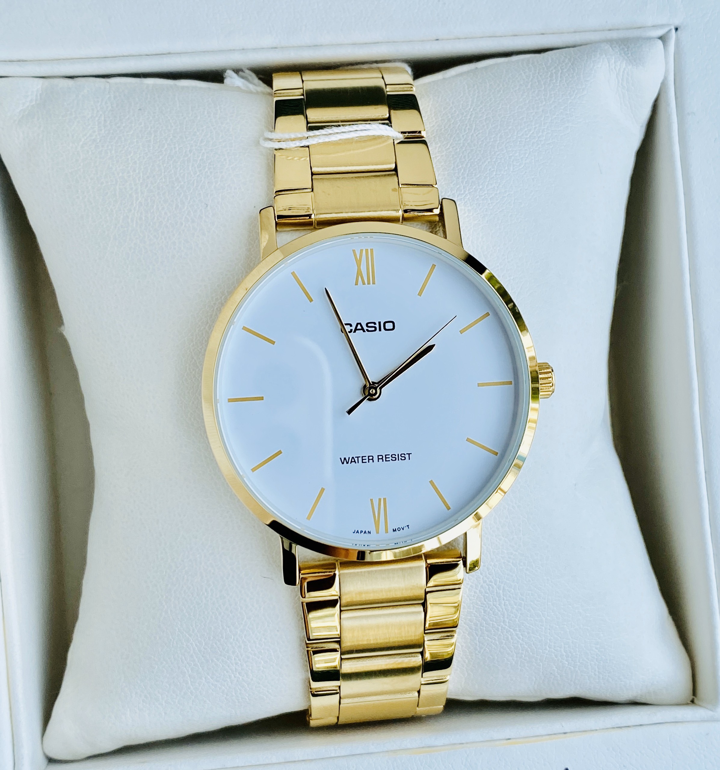 [DHDN] Đồng Hồ Đôi Casio Couple VT01G-7BUDF Dây Thép Vàng Mặt Trắng Kính Khoáng, Chống Nước, Nam Size 40mm Nữ 34mm