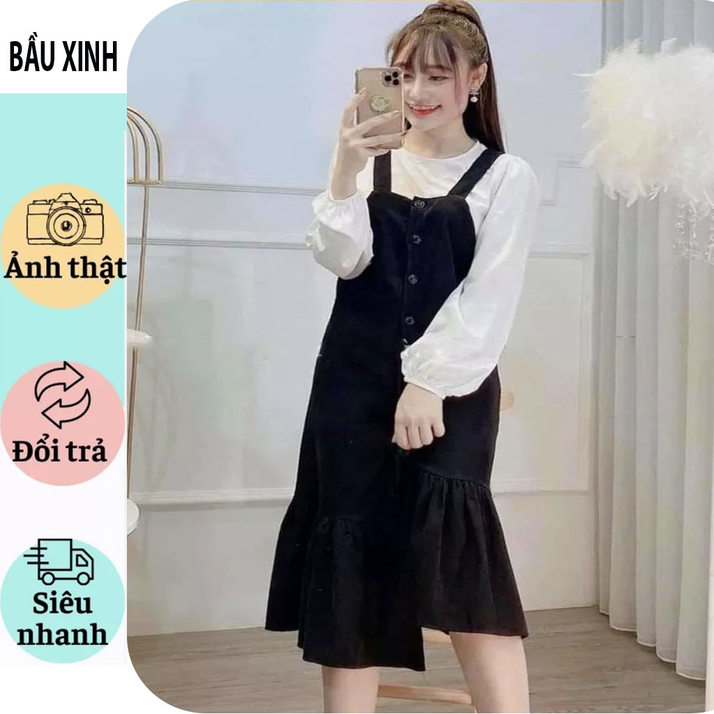 Xét váy yếm nhung bầu-đầm bầu thiết kế babaydoll xét yếm rời gồm áo và yếm cực sang vải nhung tăm mềm
