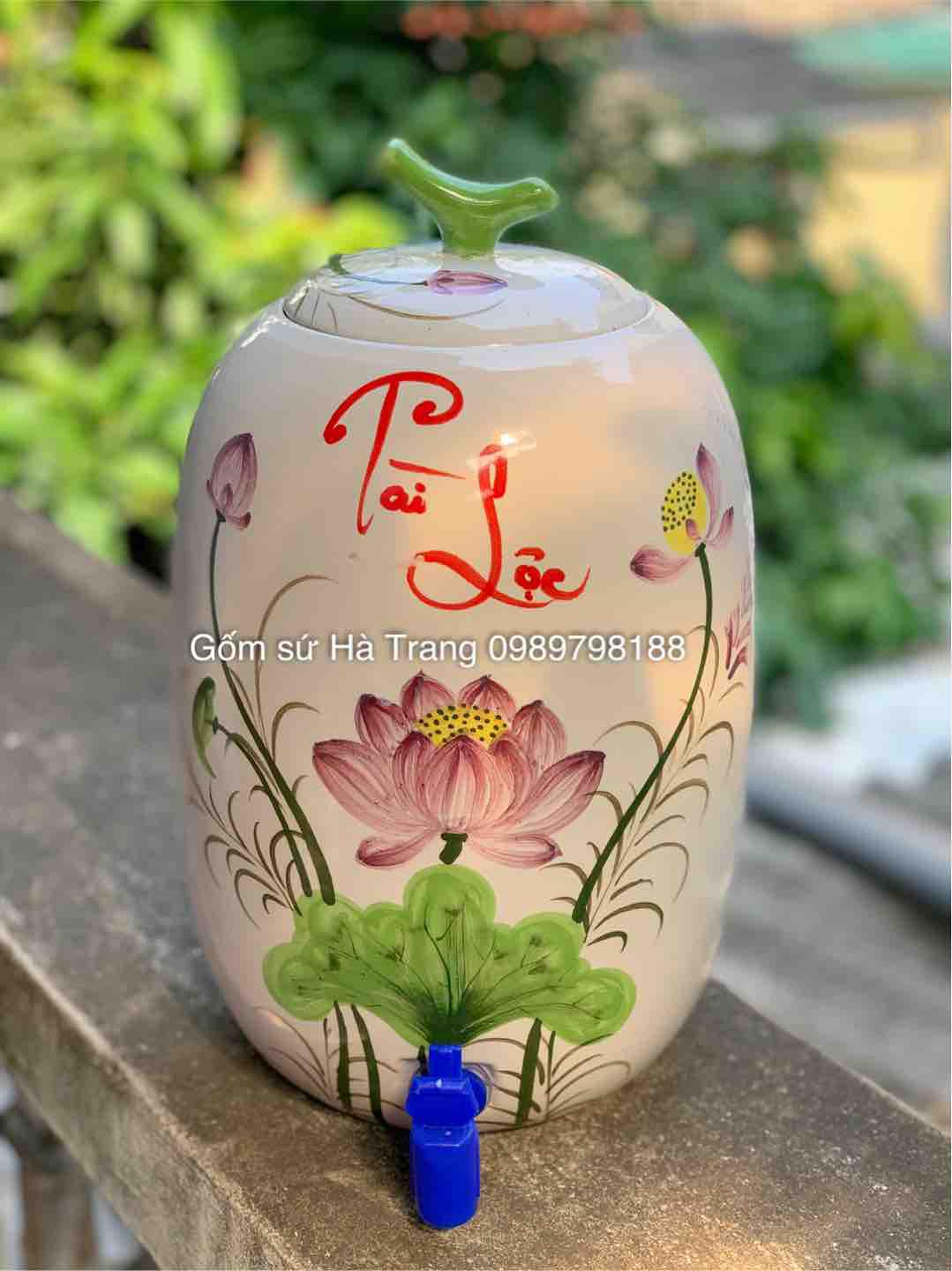 Bình nước Tài Lộc gốm sứ Bát Tràng dung tích 8 lit Vẽ sen tím