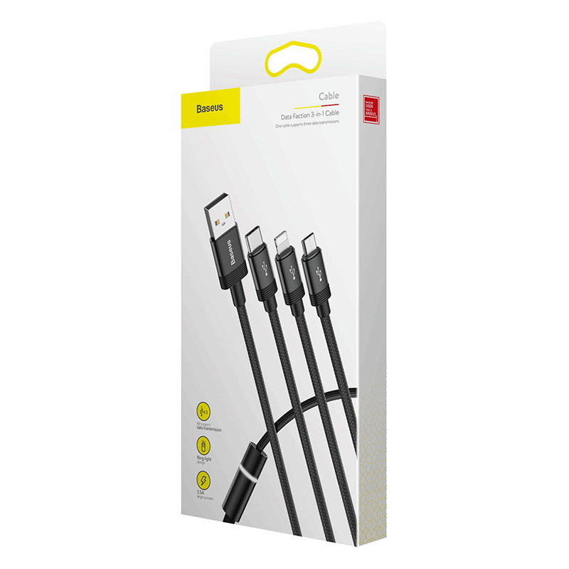 [HCM]Cáp sạc 3 đầu đều hỗ trợ Data Baseus Data Fuction 3-in-1 Cable USB For M+L+T 3.5A 1.2M Black CAMLT-PY01 - Hàng chính hãng