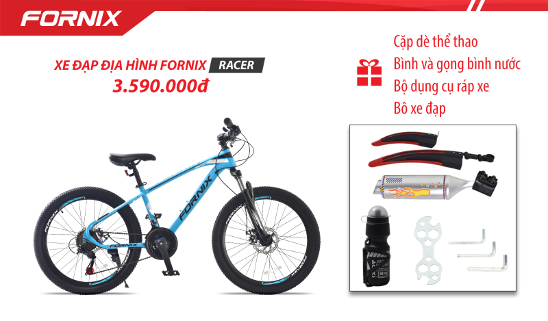 Mua Xe đạp địa hình Fornix Racer (Kèm bộ dụng cụ lắp ráp)+ Tặng Cặp dè thể thao, Bình và gọng bình nước, Pô xe