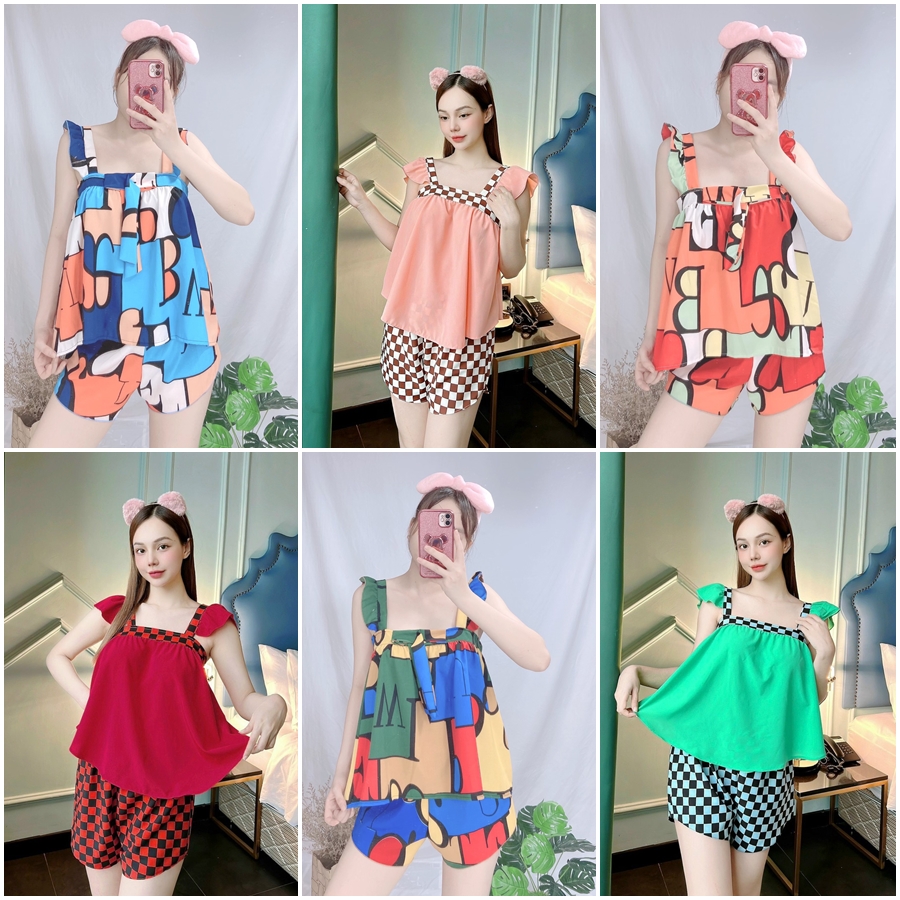 Đồ bộ ngắn cánh tiên chất vải lụa hàn phối nơ họa xinh xắn freesize dưới 56kg