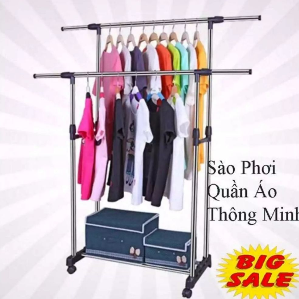 Giàn phơi quần áo 2 tầng. Kích thước: 42 x 155 x 151cm. Chất liệu INOX, có chân bánh xe tiện di chuyển. Dễ dàng lắp đặt. Bền đẹp.