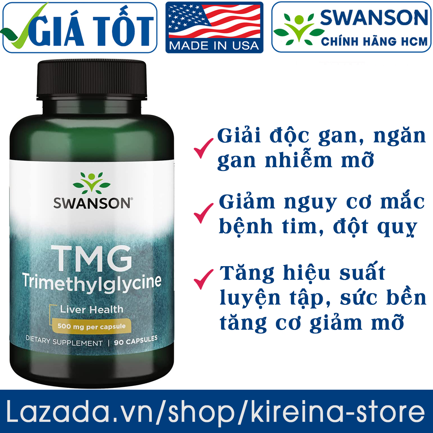 Viên uống giải độc gan hỗ trợ sức khoẻ tim mạch Swanson TMG 90 viên 500mg