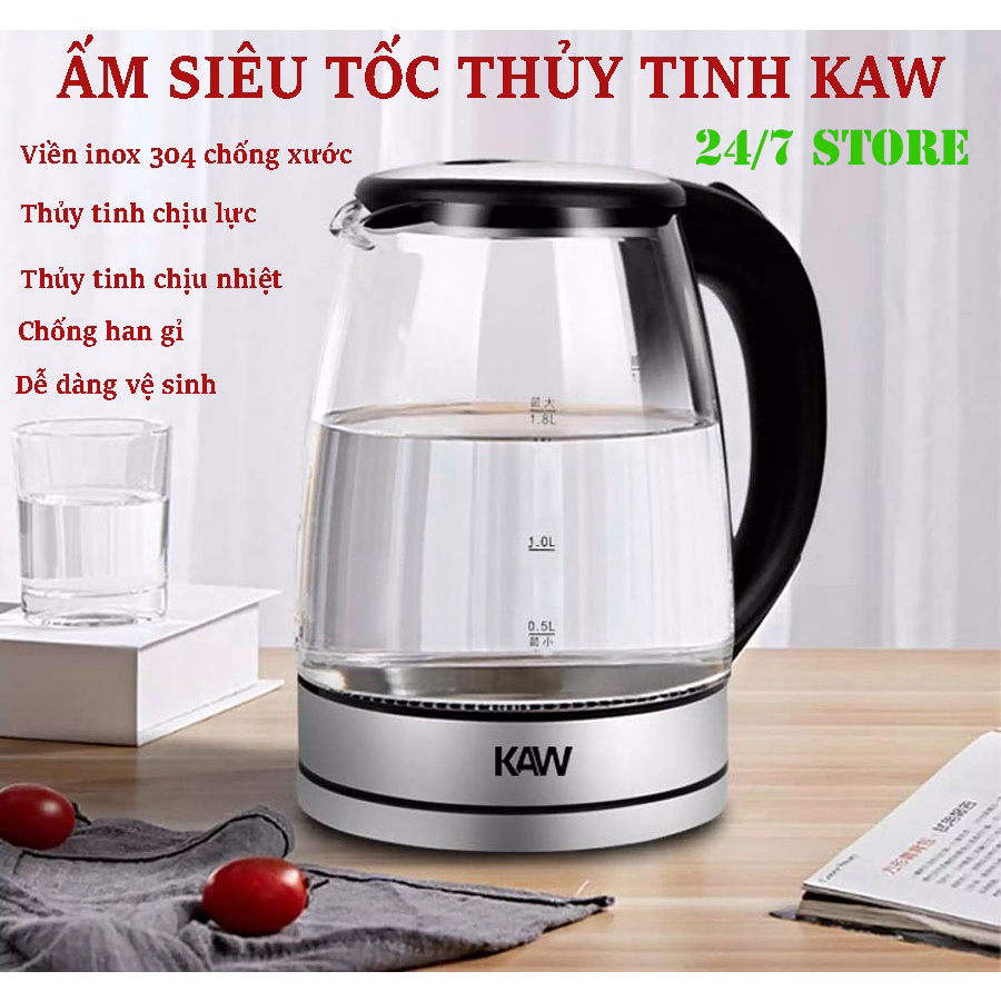 Am dun sieu toc Ấm siêu tốc điện máy chợ lớn Ấm đun nước siêu tốc KAW RK1818 dung tích 2L tiết kiệm điện bình thủy tinh trong suốt có đèn Led. Bảo hành lỗi 1 đổi 1 trong 6 tháng