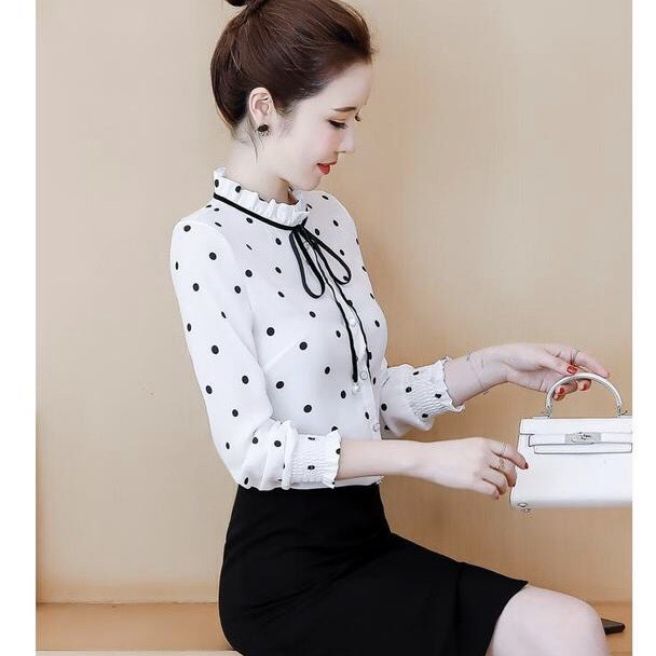 [HCM]Áo sơ mi chấm bi cổ viền đen