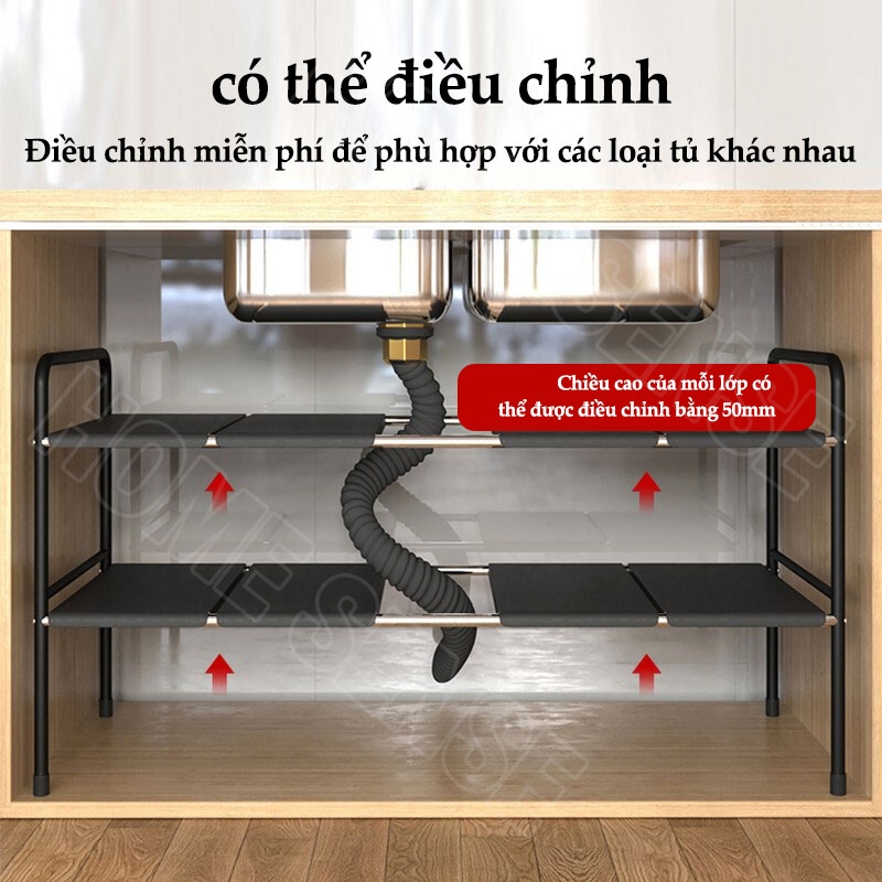 HOMESENCE Kệ Gầm Bếp Để Xoong Nồi Chảo Dưới Gầm Bồn Rửa, Kệ Để Đồ Nhà Bếp Đa Năng Tiện Lợi Khung Inox
