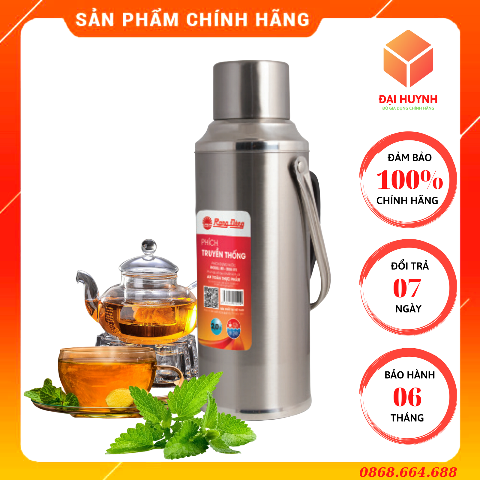 Phích Đựng Nước, Bình Thuỷ Giữ Nhiệt Inox Cao Cấp 2000ml RD 2035 ST2 Rạng Đông