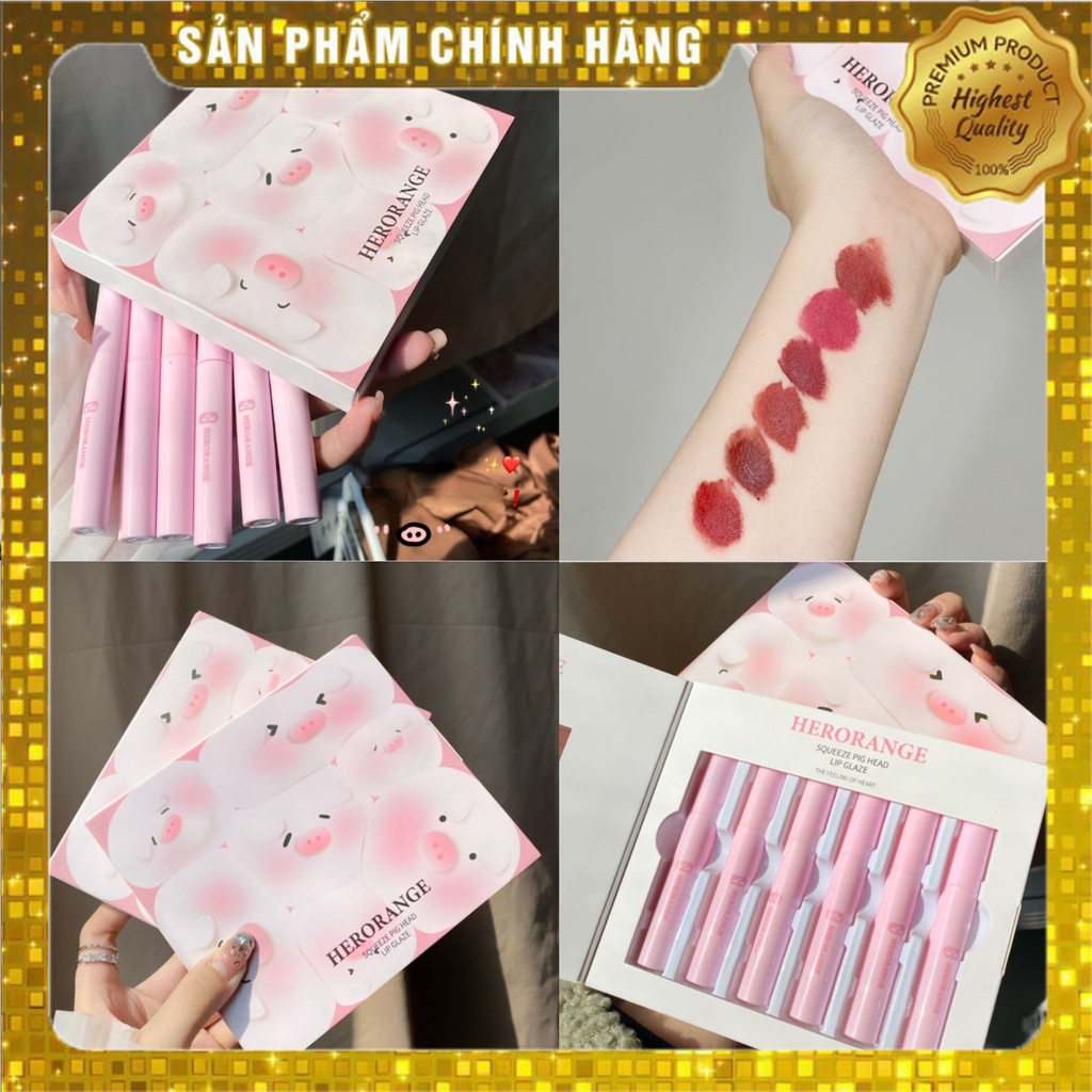Set 6 Thỏi Son Kem Lì HERORANGE Heo Hồng , Tone Nhung Siêu Lì Suốt 24h