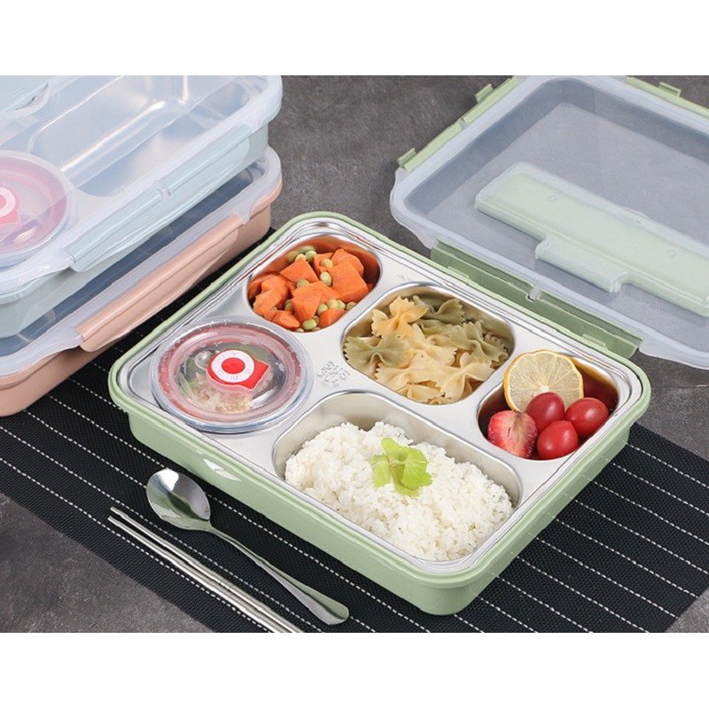 Bộ cà men đựng cơm chống tràn 5 ngăn riêng đựng cơm và thức ăn có bát đựng canh nắp hút chân không chắc chắn (kèm thìa đũa inox) - Bộ khay cơm inox siêu xịn chống han gỉ, mẫu mới cực hót cho cả nam và nữ
