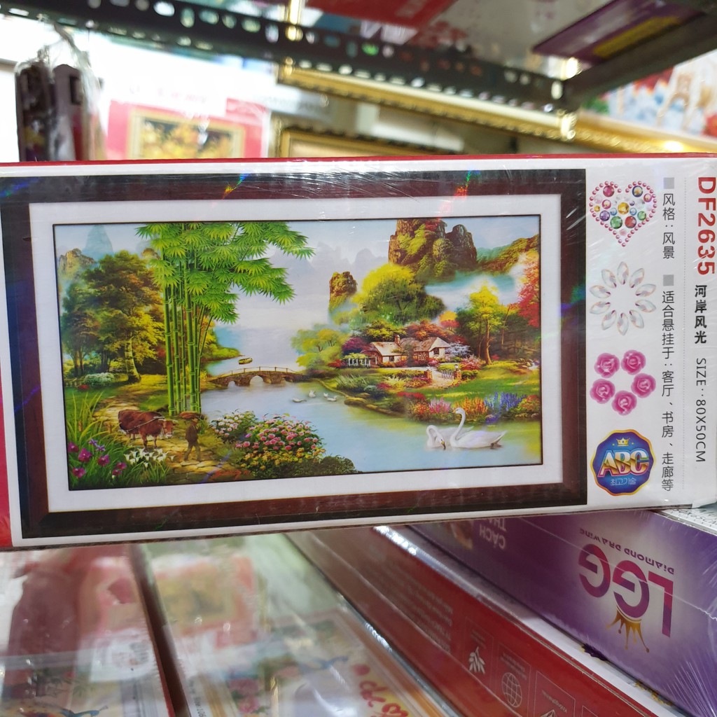 Tranh Đính Đá 5d LÀNG QUÊ THANH BÌNH (ĐÁ ABC CAO CẤP). Kích Thước: 80cm x 50cm