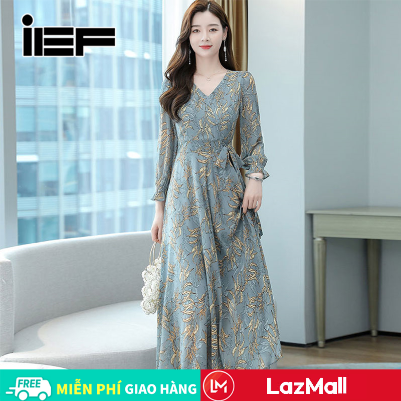 IEF skirt for women, dress fanned large new style, middle-aged waist, A word skirt V-neck long-sleeved slim figure hugging, dress in fashion